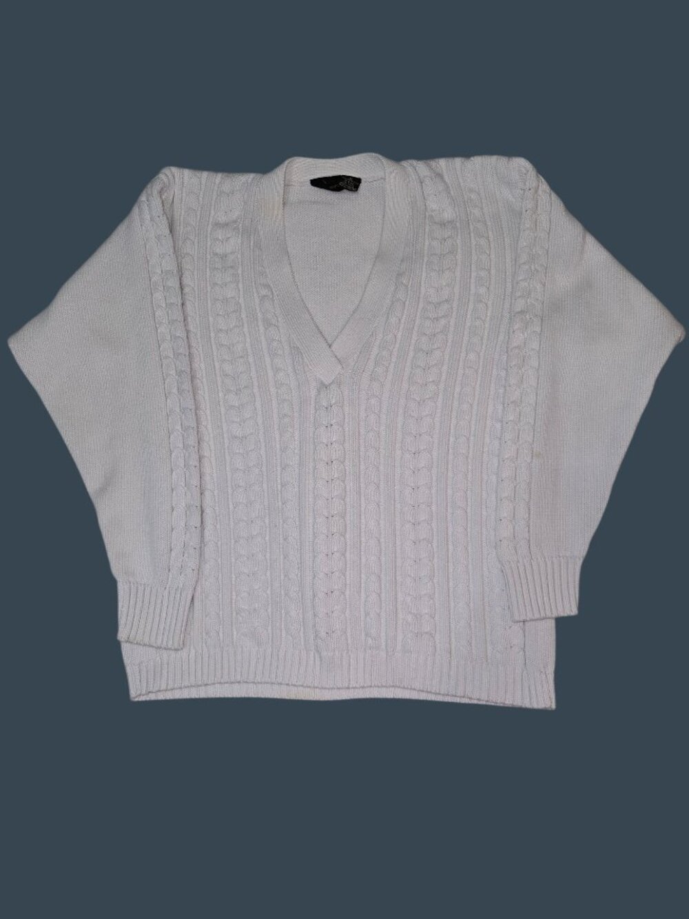 Lizsport White Cotton Cable Knit V-Neck Sweater Women's M READ